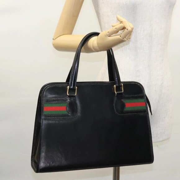 GUCCI Web Sherry Line Hand Bag Leather Black Red Green Auth - Picture 1 of 16